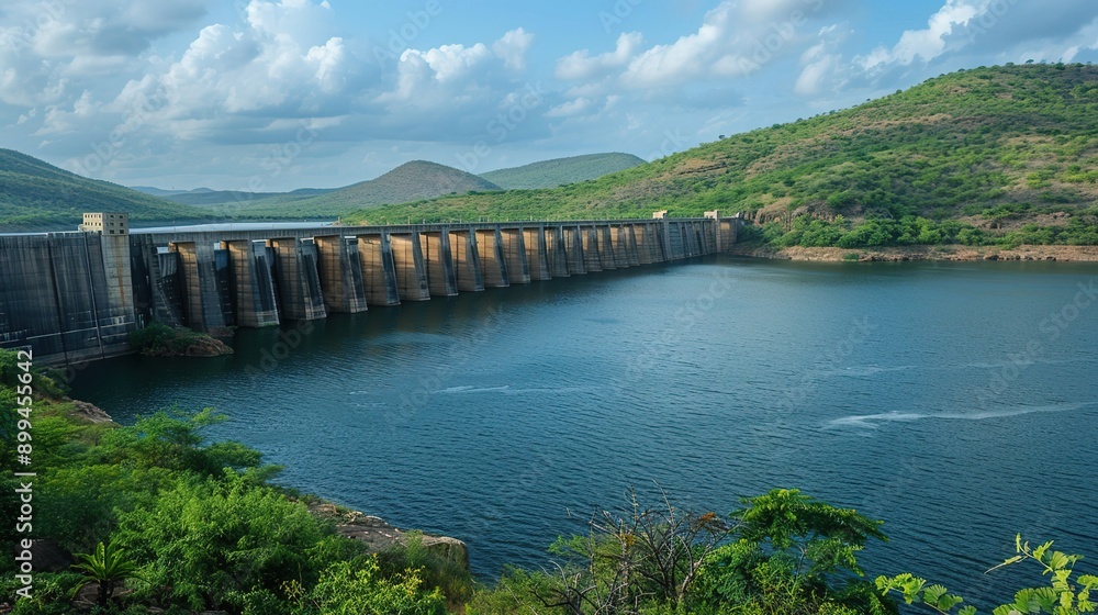 Breathtaking Scenery at the Dam's Edge with Reflective Waters and Lush Hills Breathtaking Scenery at the Dam's Edge with Reflective Waters and Lush Hills