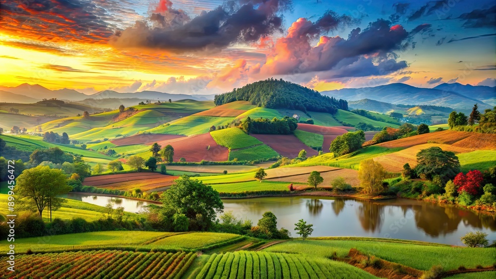 Fototapeta premium Beautiful of a peaceful countryside landscape with vibrant and colorful scenery, nature, peaceful,landscape, countryside