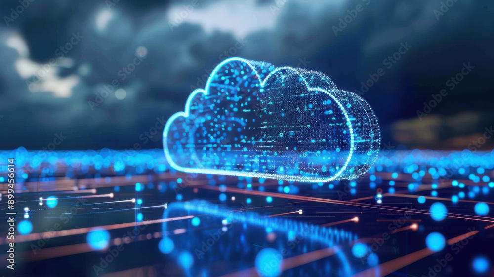 Visual representation of digital cloud data storage, illustrating cloud computing technology with glowing blue particles. Visual representation of digital cloud data storage, illustrating cloud computing technology with glowing blue particles.