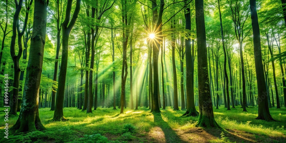 Obraz premium A lush green forest with tall trees and dappled sunlight filtering through the leaves, nature, woods, trees