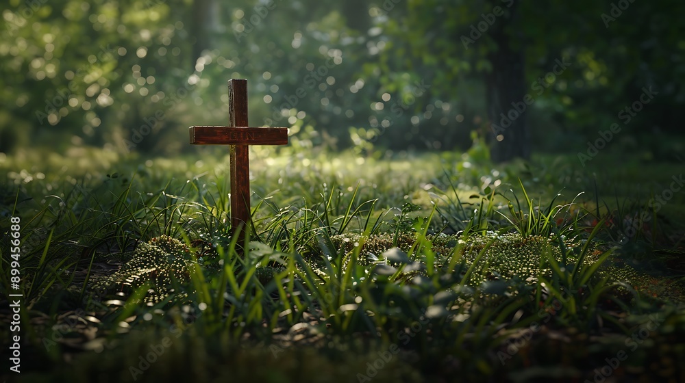 A simple wooden cross marking an unmarked grave, surrounded by overgrown grass. A simple wooden cross marking an unmarked grave, surrounded by overgrown grass.