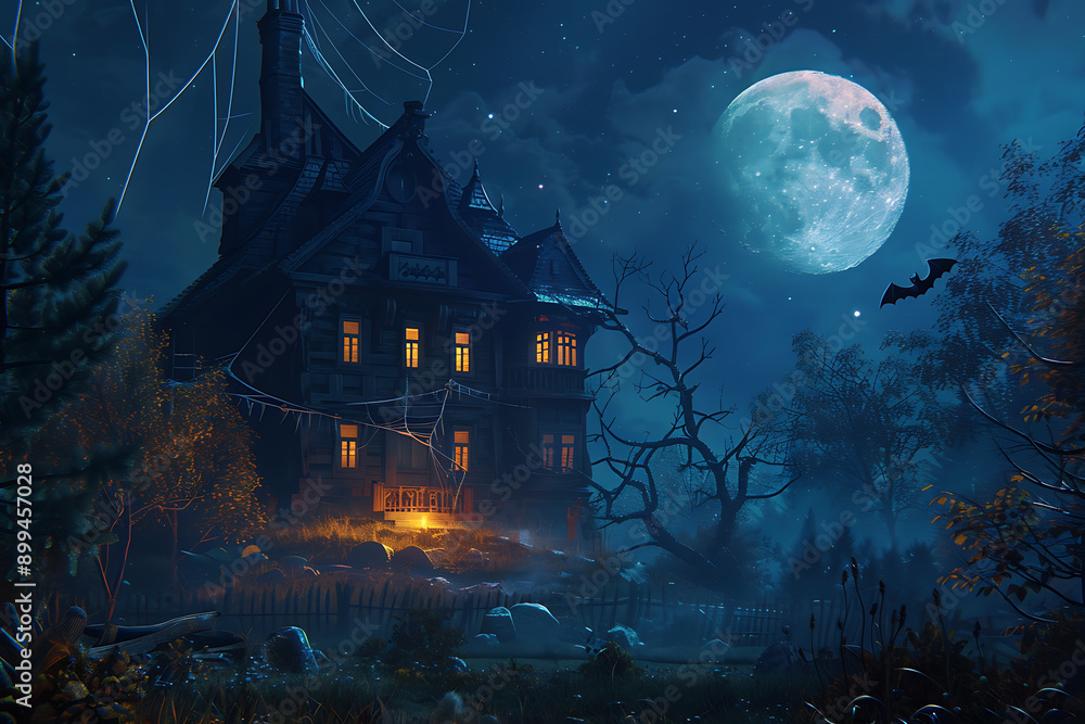 A scary abandoned house with cobwebs, illuminated by a full moon. while bats fly near it, creating a spooky and eerie atmosphere. A scary abandoned house with cobwebs, illuminated by a full moon. while bats fly near it, creating a spooky and eerie atmosphere.