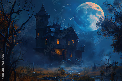A scary abandoned house with cobwebs, illuminated by a full moon.  while bats fly near it, creating a spooky and eerie atmosphere. © River Girl