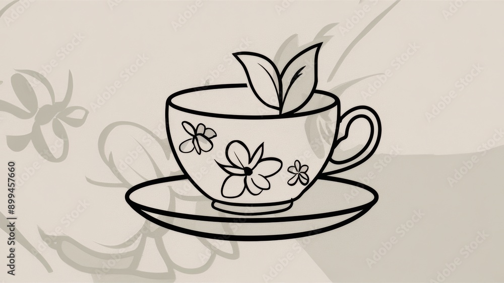 A drawing of a cup with flowers on it sitting in the middle, AI A drawing of a cup with flowers on it sitting in the middle, AI