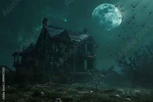 A scary abandoned house with cobwebs, illuminated by a full moon. while bats fly near it, creating a spooky and eerie atmosphere.