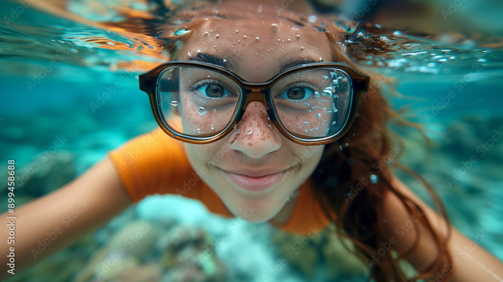 Fototapeta premium person snorkeling in the sea with eyewear; a funny girl swimming underwater with glasses. Concept of summer diving and vacation