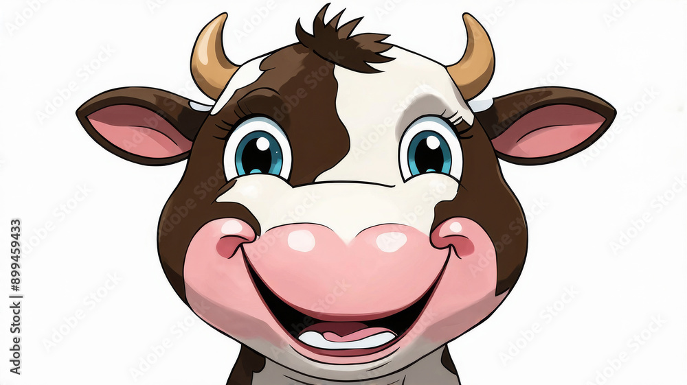 Cute Cartoon Cow Face with Big Eyes and Happy Smile Cute Cartoon Cow Face with Big Eyes and Happy Smile