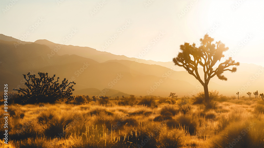 Joshua tree in misty arid landscape with mountains at sunrise. Joshua tree in misty arid landscape with mountains at sunrise.