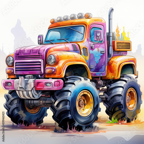 watercolor Monster Truck clipart, Generative Ai