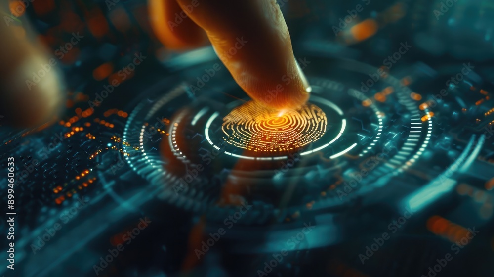 Close-up of a fingerprint scanner with a finger unlocking a secure network Close-up of a fingerprint scanner with a finger unlocking a secure network
