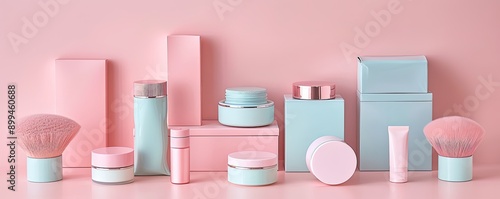 Elegant display of pastel pink and blue skincare and cosmetic product packaging on a matching pink background. Modern and minimalist design.