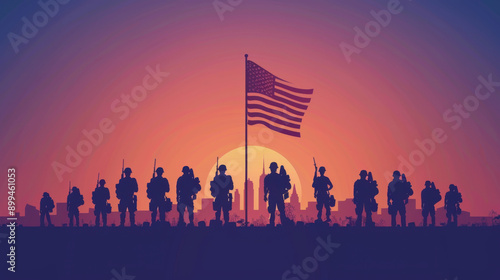 Silhouetted American soldiers standing in front of a flag at sunset, symbolizing patriotism, unity, and military strength.