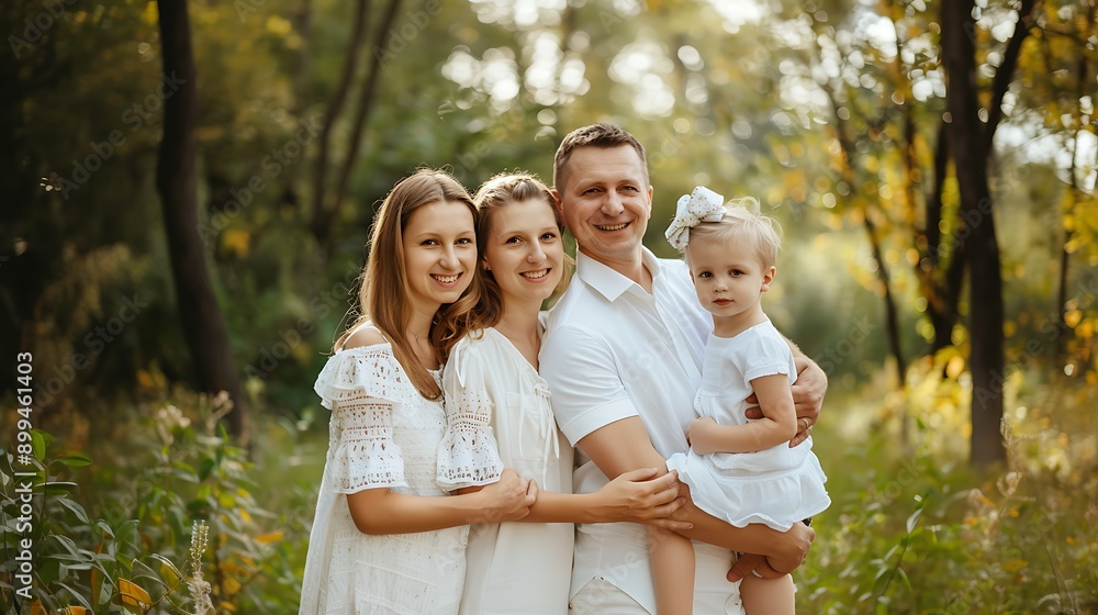 A white family of four, all smiling and posing together in a green park. A white family of four, all smiling and posing together in a green park.
