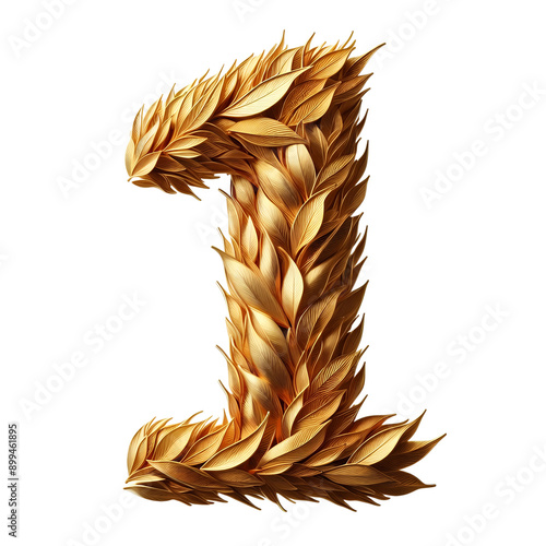 The Number 1, one, made of golden leaves isolated on transparent background, png.