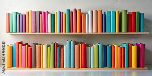 Colorful assortment of books neatly arranged on a shelf with a light background, creating a vibrant display , books, colorful