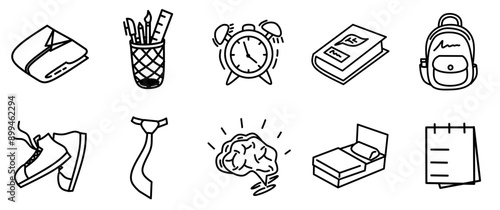 line drawing depicting back to school equipment including pencil case with pencils and pens, alarm clock, books, school backpack, sneakers, neck tie, brain symbol