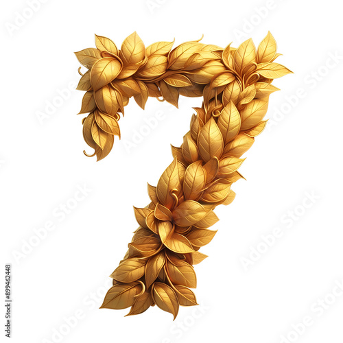 The Number 7, seven, made of golden leaves isolated on transparent background, png.