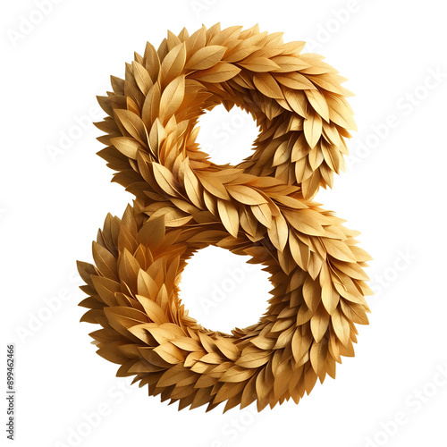 The Number 8, eight, made of golden leaves isolated on transparent background, png.