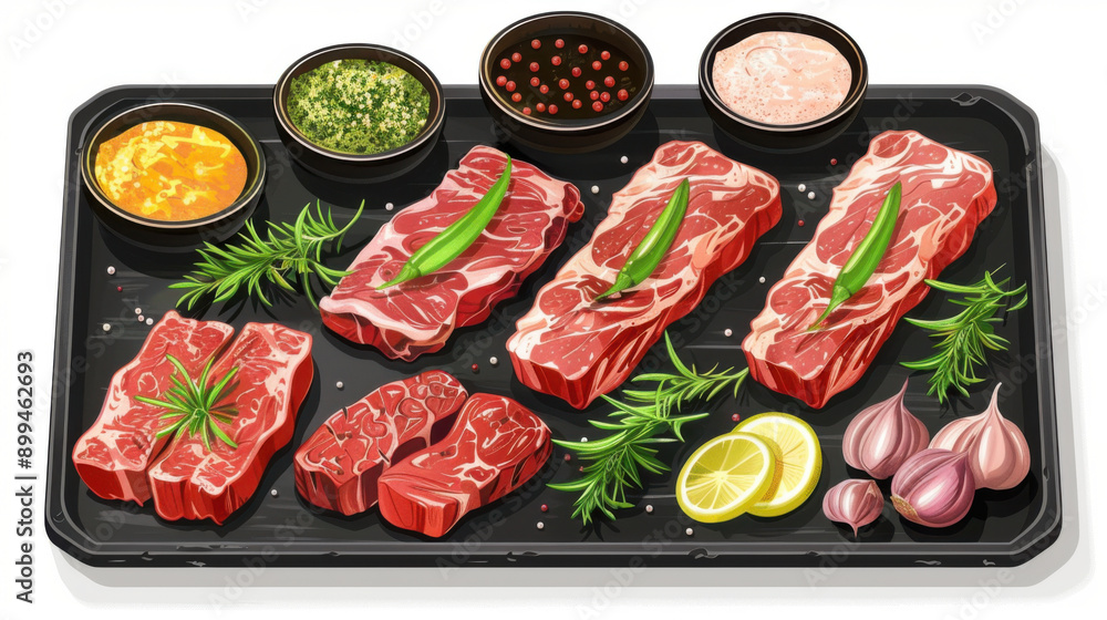 Assorted raw steaks arranged on a tray with herbs, garlic, and spices, ready for cooking and grilling. Assorted raw steaks arranged on a tray with herbs, garlic, and spices, ready for cooking and grilling.