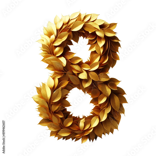The Number 8, eight, made of golden leaves isolated on transparent background, png.