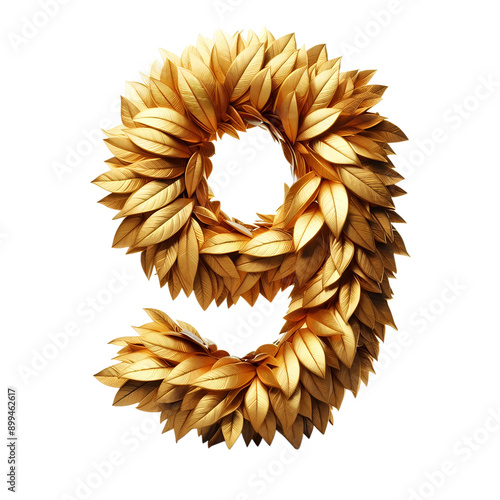 The Number 9, nine, made of golden leaves isolated on transparent background, png.
