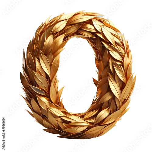 The Number 0, zero, made of golden leaves isolated on transparent background, png.