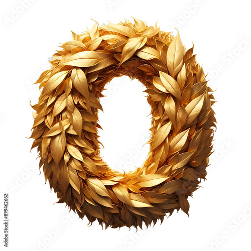 The Number 0, zero, made of golden leaves isolated on transparent background, png. photo