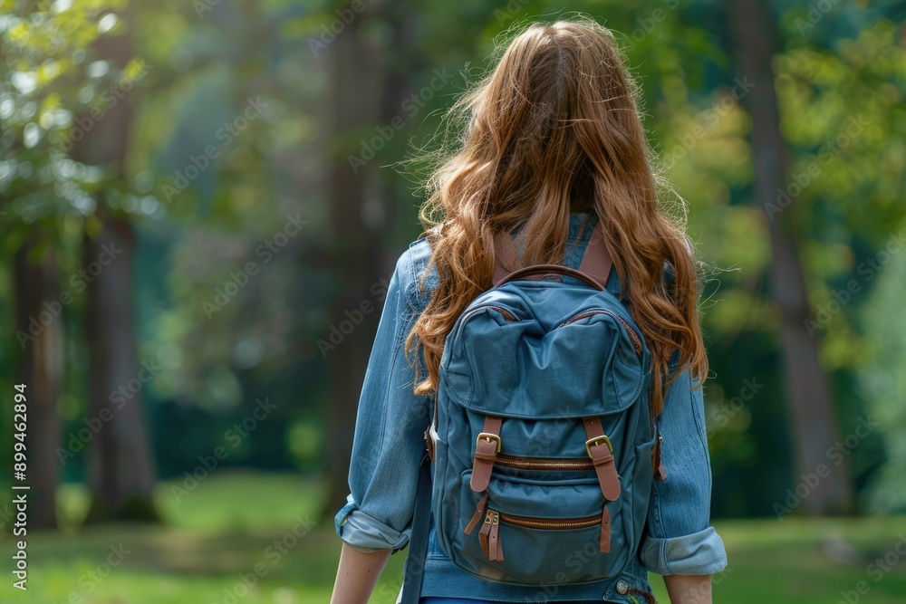 Back view of beautiful young woman with backpack walking in park Back view of beautiful young woman with backpack walking in park