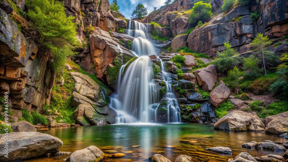 Fototapeta premium Small waterfall cascading down a rocky cliff in a mountain setting, waterfall, nature, landscape, mountains, rocks, serene