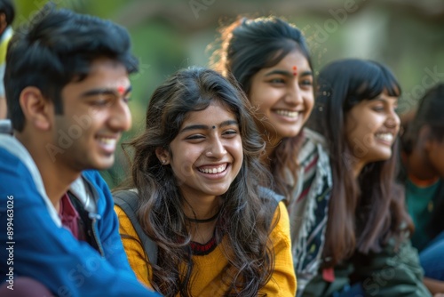 Indian college students laughing together on campus.
