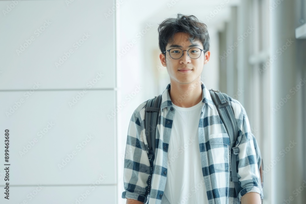 Portrait of Asian male student walking isolated on white wall