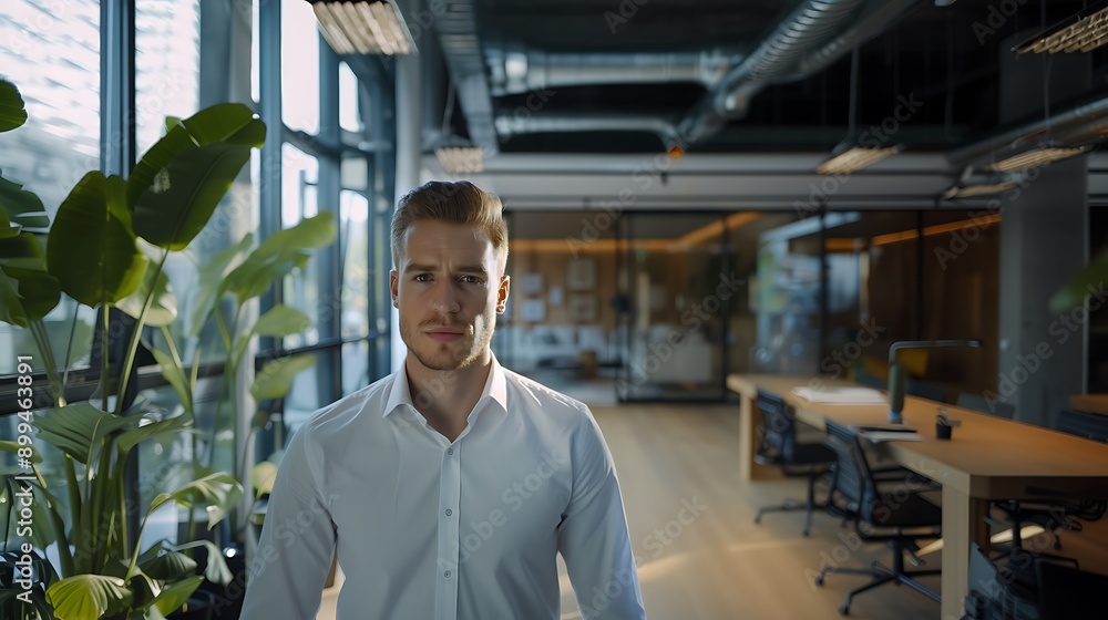 A white man with a clean-shaven face and a serious look, standing in a modern office. A white man with a clean-shaven face and a serious look, standing in a modern office.