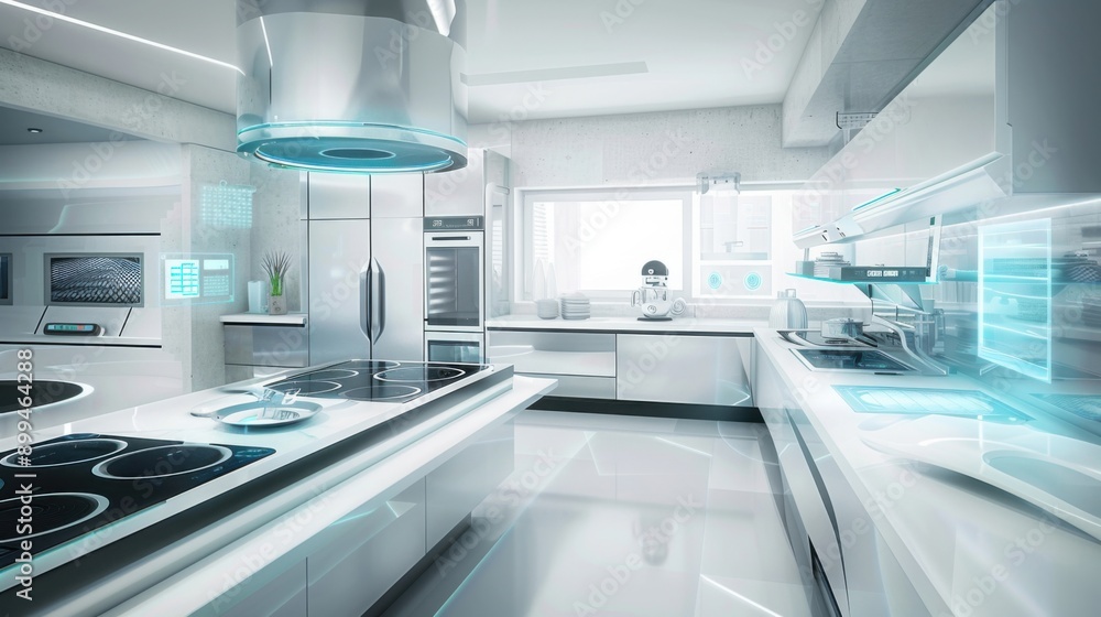 A futuristic kitchen with a robot chef cooking A futuristic kitchen with a robot chef cooking