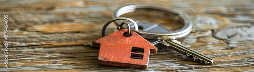 Close-up of a house-shaped keychain and keys on a wooden surface, symbolizing home, real estate, or new property concepts.