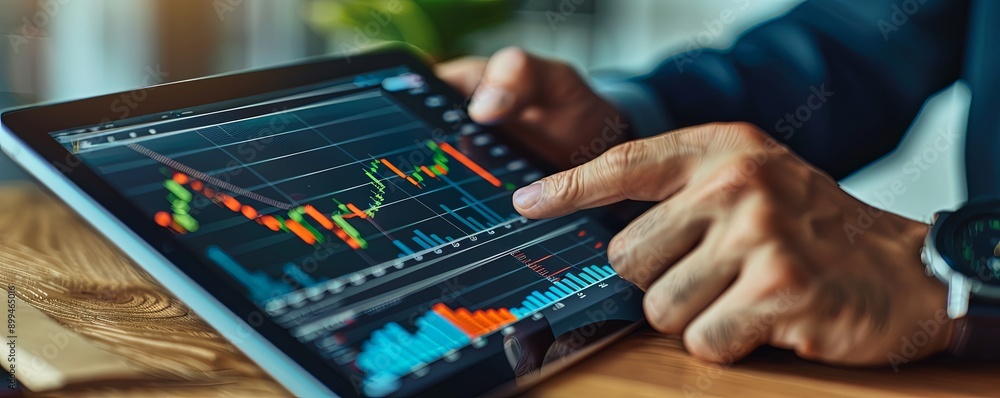 Close-up of a person analyzing financial charts and graphs on a tablet, showcasing stock market data and trends for investment decisions. Close-up of a person analyzing financial charts and graphs on a tablet, showcasing stock market data and trends for investment decisions.