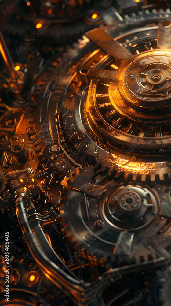 Fototapeta premium Detailed metallic gears and cogs in a complex machinery setup.