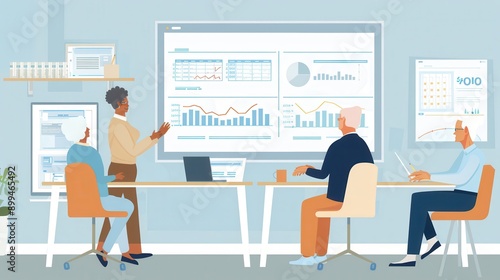 Elderly individuals are actively participating in a meeting, discussing data displayed on a large screen in a contemporary office environment. Generative AI