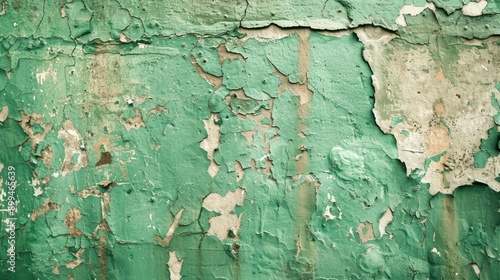 Background of aged green peeling paint wall with selective focus in vintage style