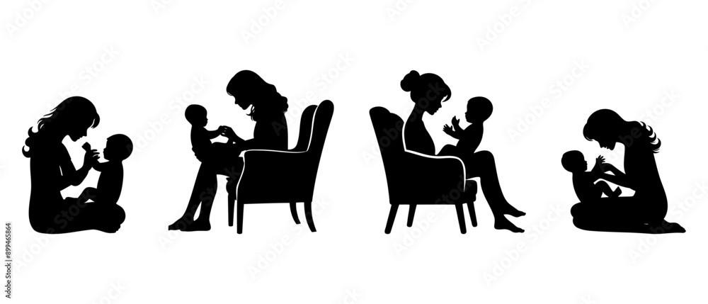 Obraz premium Mom sitting with her baby silhouette black filled vector Illustration icon