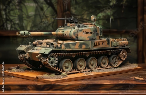 A "30mm M.K.II" with the text written on it, in green and brown camouflage paint from Kugelblitze tank model kit, displayed on wooden base board, realistic style