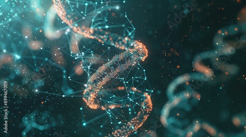 Digital DNA model rotating in a virtual space, with scientific data overlay