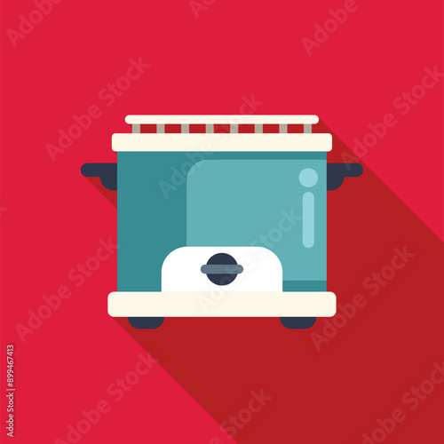 Modern electric multicooker standing on red background, kitchen appliance for cooking