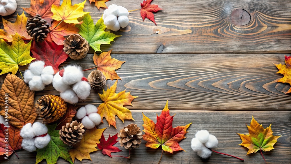 Fototapeta premium Autumn composition background with colorful leaves, fluffy cotton balls, and pine cones, autumn, composition