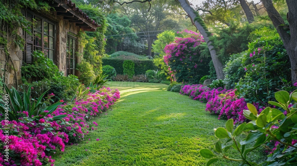Obraz premium Backyard adorned with pink flowers