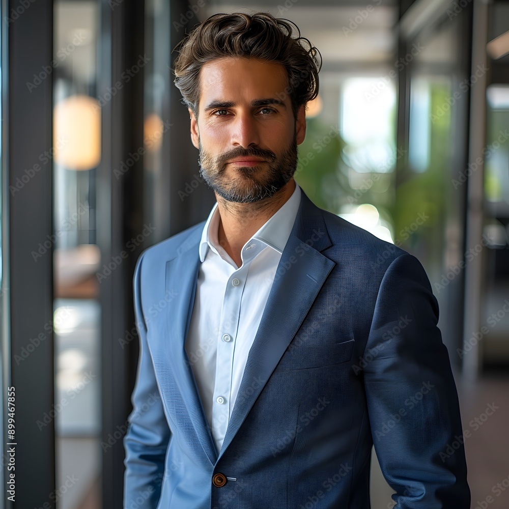 Confident Businessman in Formal Attire Stands Poised in Office Interior Confident Businessman in Formal Attire Stands Poised in Office Interior