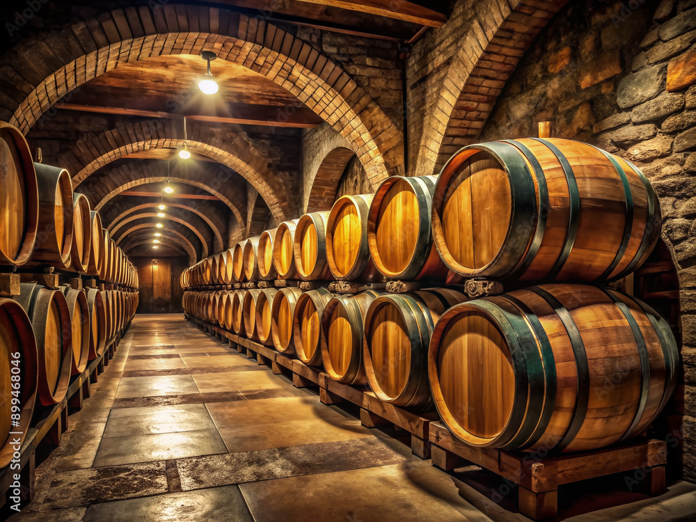 Ancient wooden barrels aligned in a dimly lit wine cellar, rustic brown oak casks stacked for aging, evoking a sense of tradition and excellence in winemaking. Ancient wooden barrels aligned in a dimly lit wine cellar, rustic brown oak casks stacked for aging, evoking a sense of tradition and excellence in winemaking.