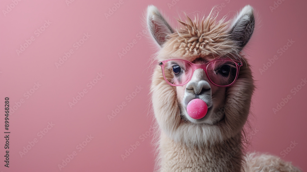 Fototapeta premium Alpaca with Pink Bubblegum on a pink background close-up 