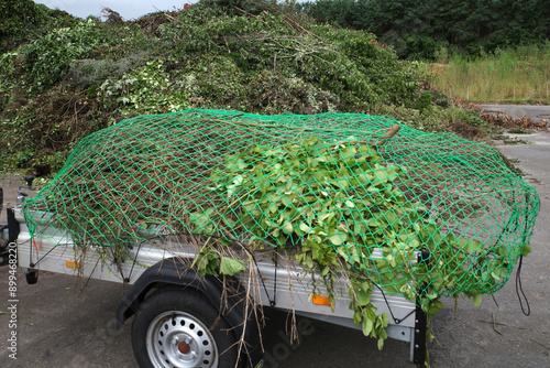 Taking pruning waste away in a trailer to a recycling center. There is a giant heap in the background, waiting to be recycled.