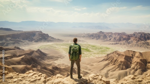 Photograph of a rugged explorer capturing the breathtaking beauty of an emerald green oasis amidst a desolate desert landscape