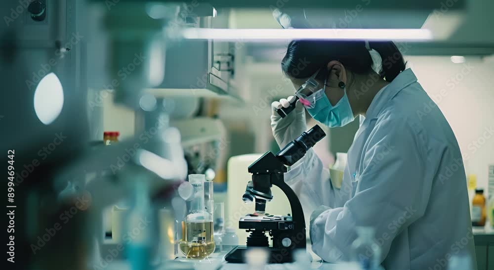 A woman in a lab coat is looking through a microscope A woman in a lab coat is looking through a microscope